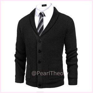 Slim Fit Cable Knit Cardigan Sweater with Shawl Collar and Pockets